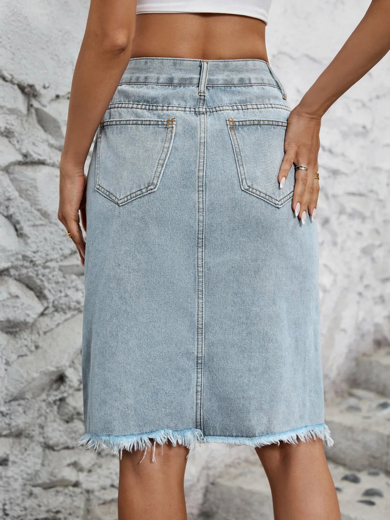 Falda midi vaquera mujer talle alto con abertura frontal