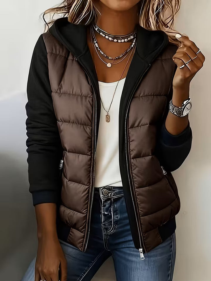 Chaqueta acolchada bicolor para mujer con capucha y cremallera