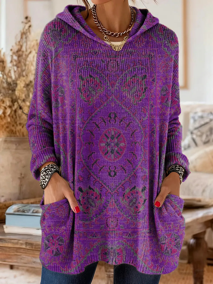 Túnica mujer con capucha retro estampada – cómoda y cálida