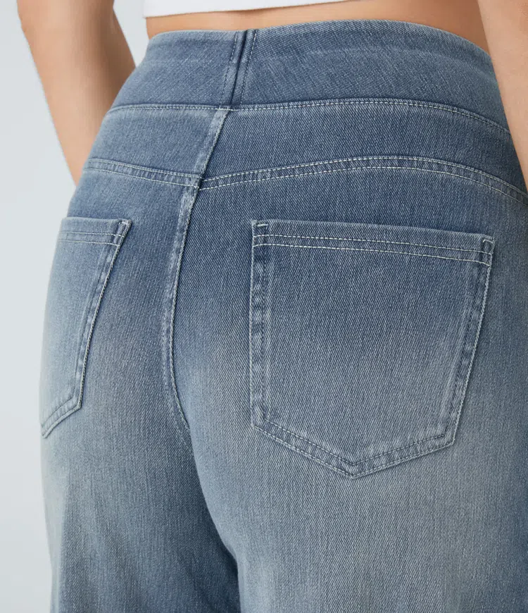 Jean mujer pierna ancha talle alto denim elástico moldeador casual moderno