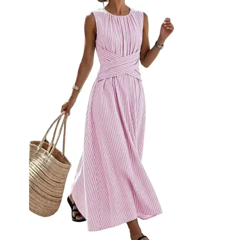 Vestido maxi mujer sin mangas a rayas con cintura cruzada