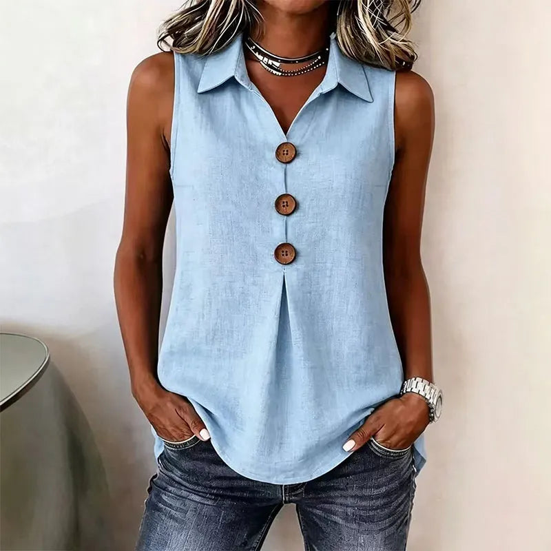 Camisa sin mangas mujer con cuello solapa y botones decorativos