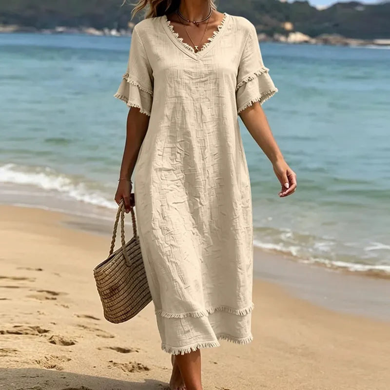 Vestido mujer bohemio con cuello en V y flecos