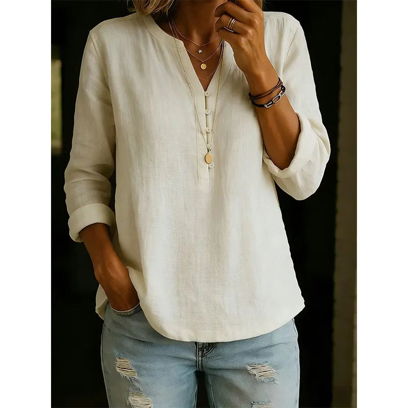 Camisa mujer amplia con cuello en V y botones