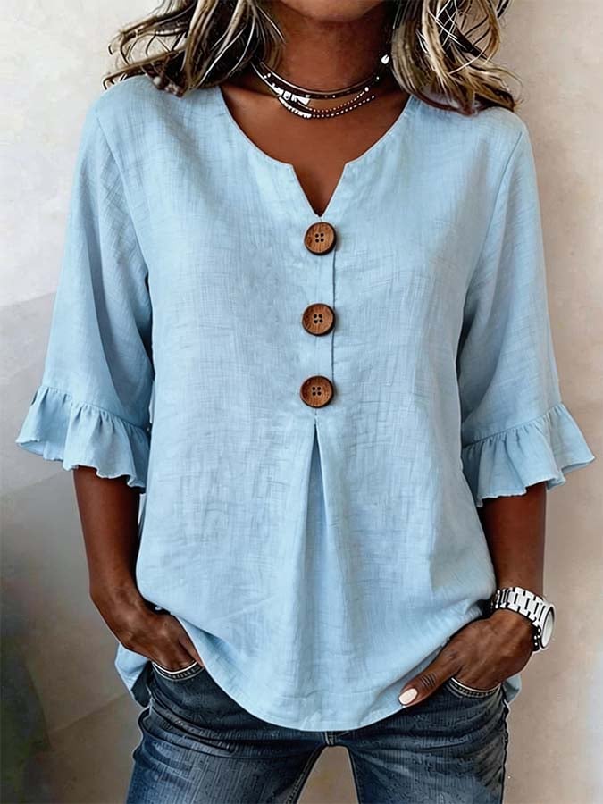 Blusa mujer botones mangas volante – casual elegante ligera