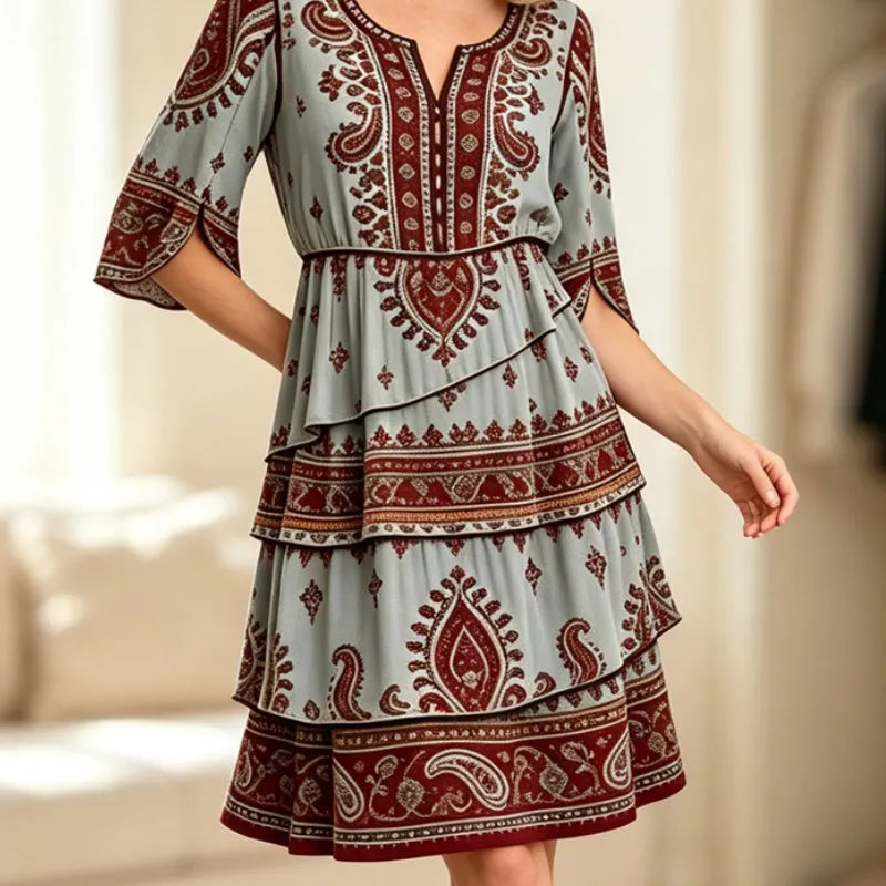 Vestido bohemio mujer con volantes y estampado étnico