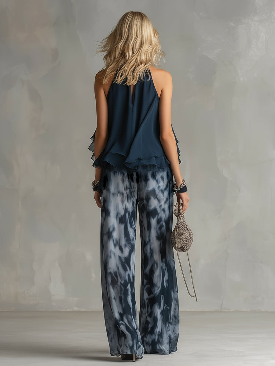 Conjunto dos piezas mujer chiffon top halter volantes pantalón ancho elegante