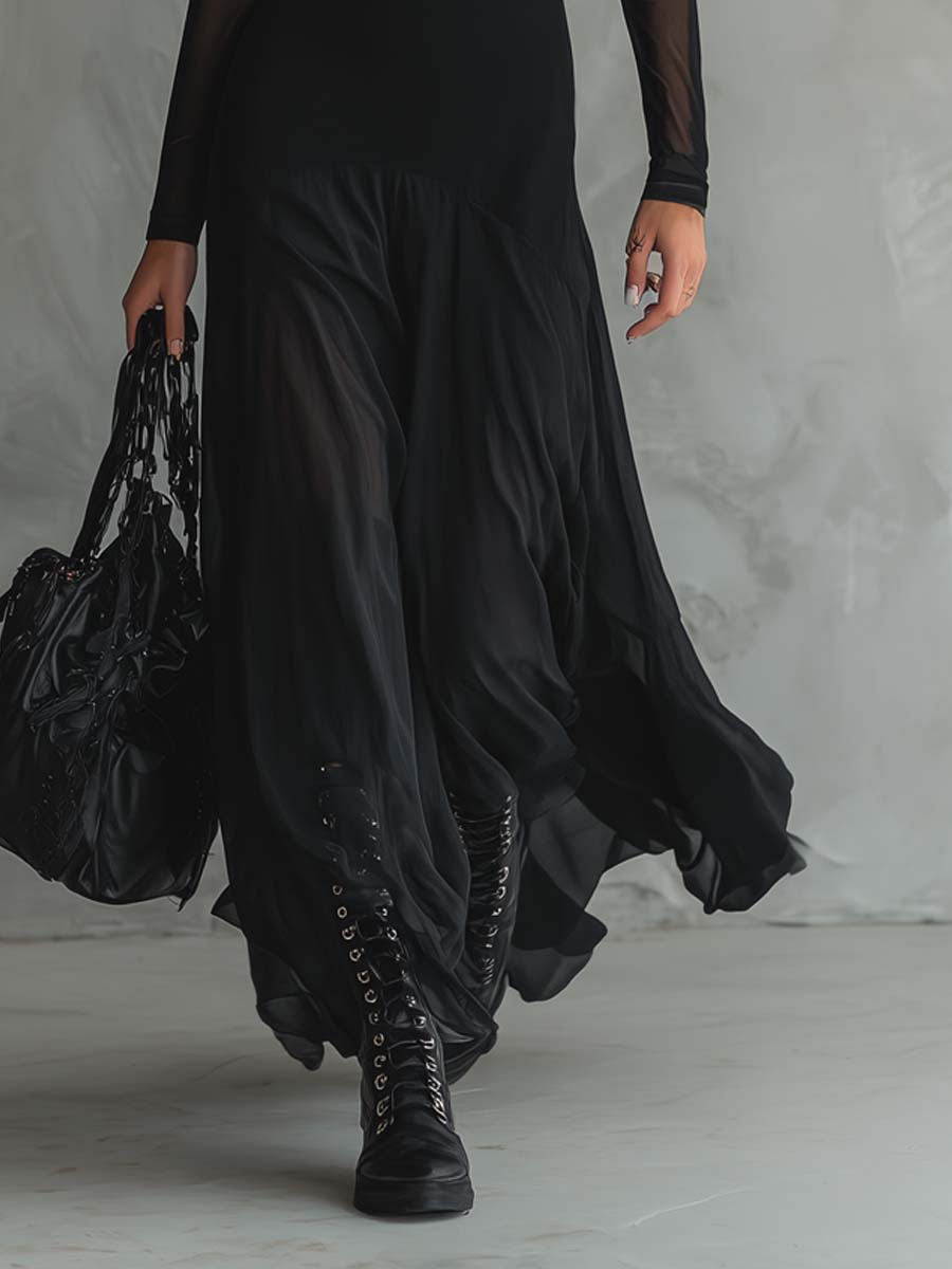 Vestido Maxi Negro Mujer Con Mangas Transparentes – Estilo Elegante