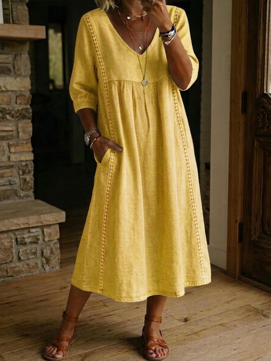 Vestido mujer patchwork algodón lino con encaje para verano