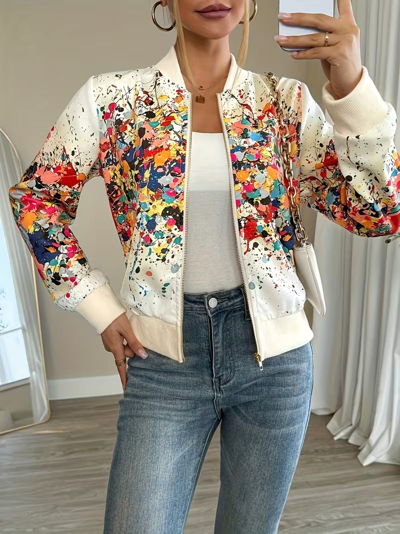 Chaqueta bomber de mujer con estampado abstracto y cremallera