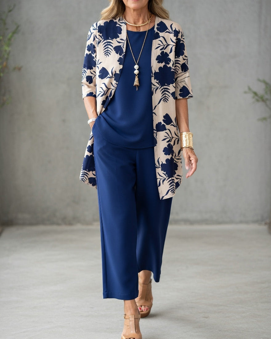 Conjunto mujer 3 piezas elegante – pantalón fluido y chaqueta floral