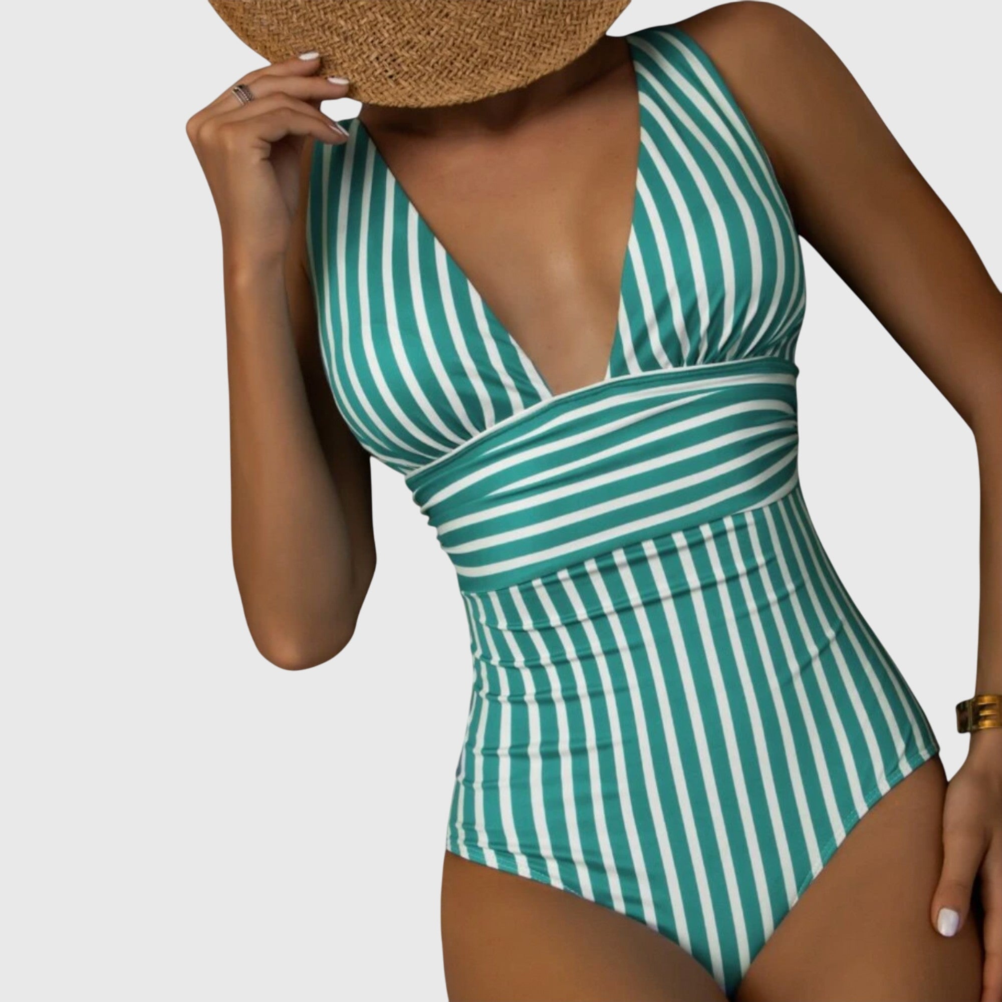 Bañador mujer una pieza rayas escote V profundo moldeador cintura elegante playa