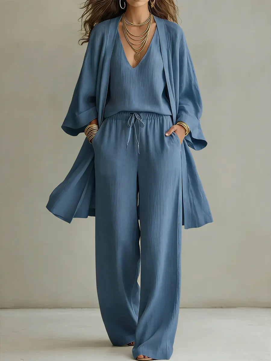 Conjunto mujer algodón lino tres piezas – outfit minimalista elegante
