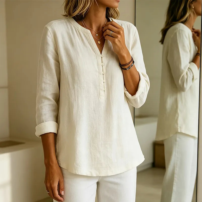 Camisa mujer amplia con cuello en V y botones