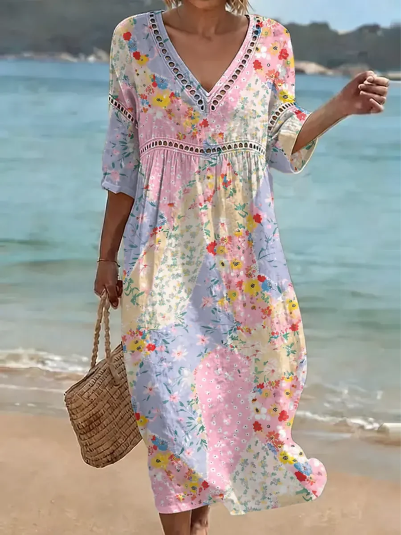 Vestido Mujer Floral Patchwork Fluido – Escote en V Verano Playa