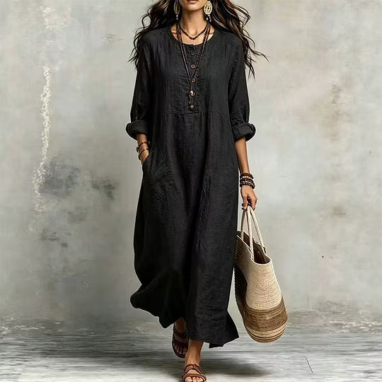 Vestido largo para mujer de corte amplio con botones y bolsillos