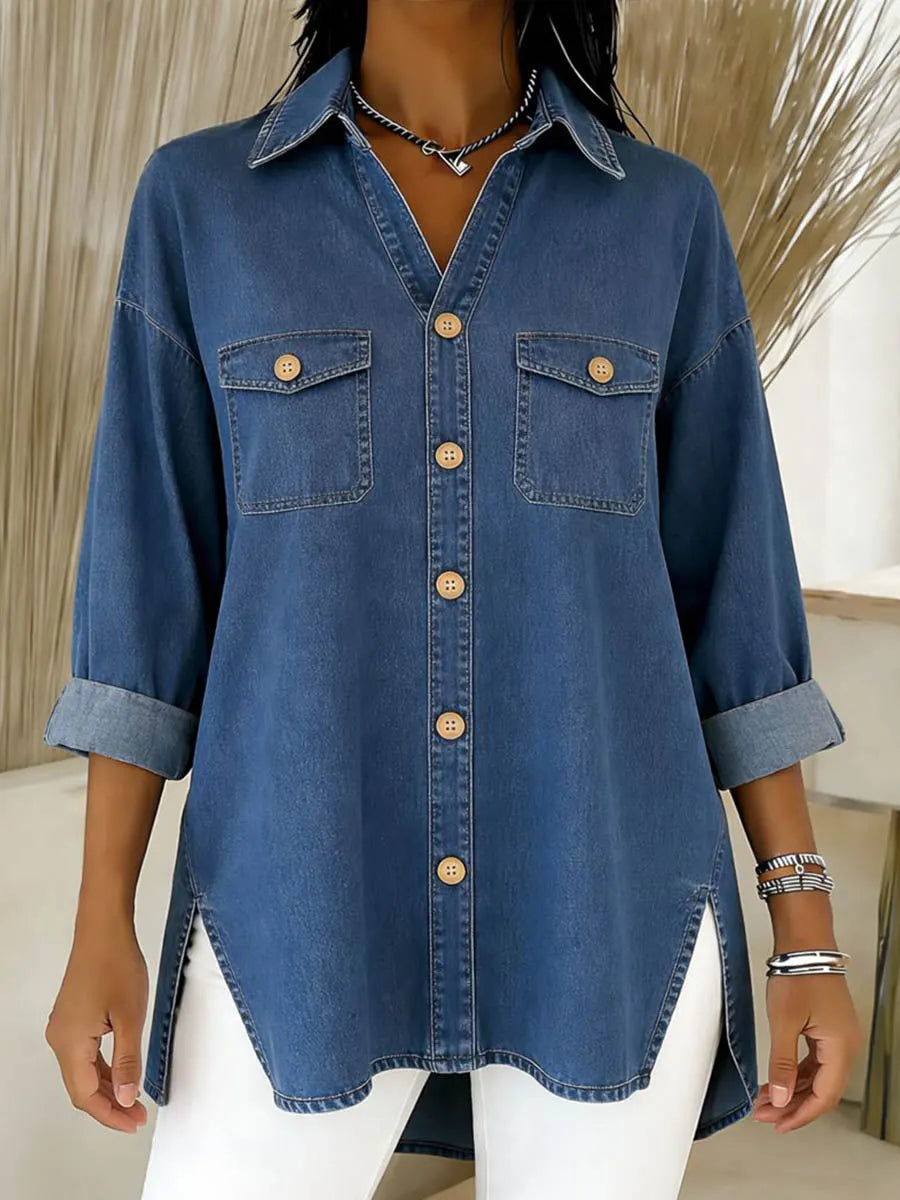 Camisa larga de denim para mujer con bolsillos y corte amplio