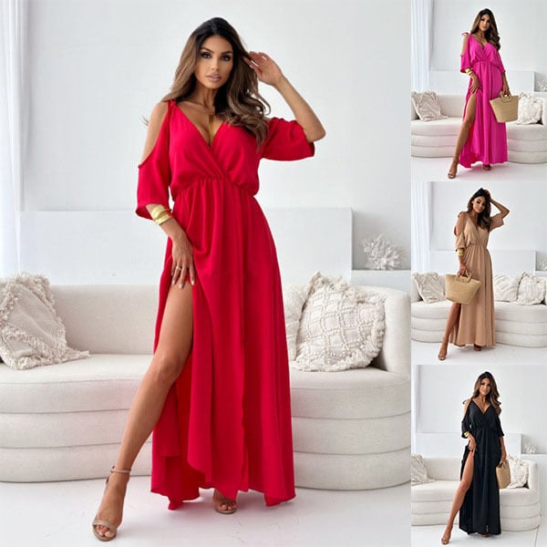 Vestido maxi elegante con hombros descubiertos y abertura lateral