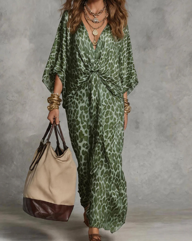 Vestido maxi para mujer con estampado animal y detalle drapeado