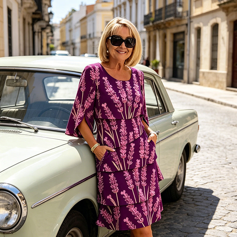 Vestido midi mujer estampado lavanda volantes escalonados mangas abiertas elegante