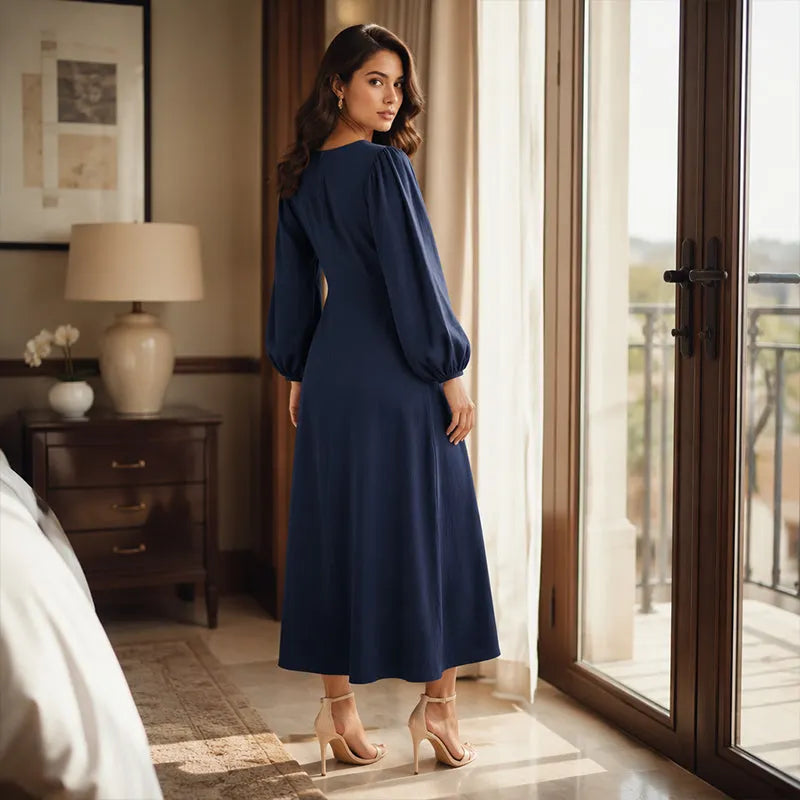 Vestido maxi mujer con escote en V y mangas abullonadas