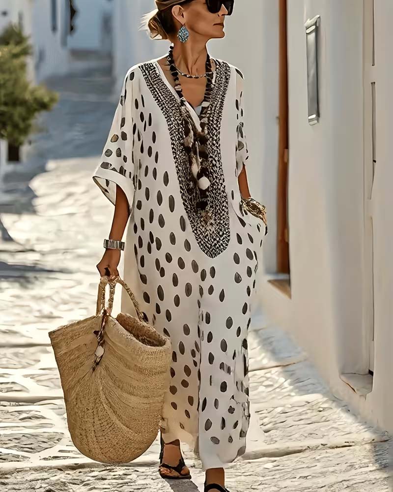 Maxi Vestido Kaftán Lunares Cuello V Bordado Étnico