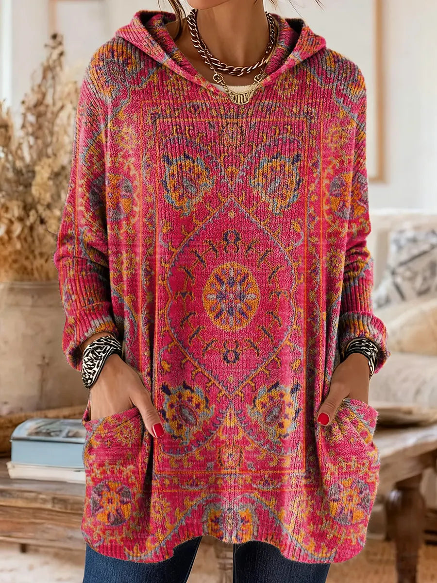 Túnica mujer con capucha retro estampada – cómoda y cálida