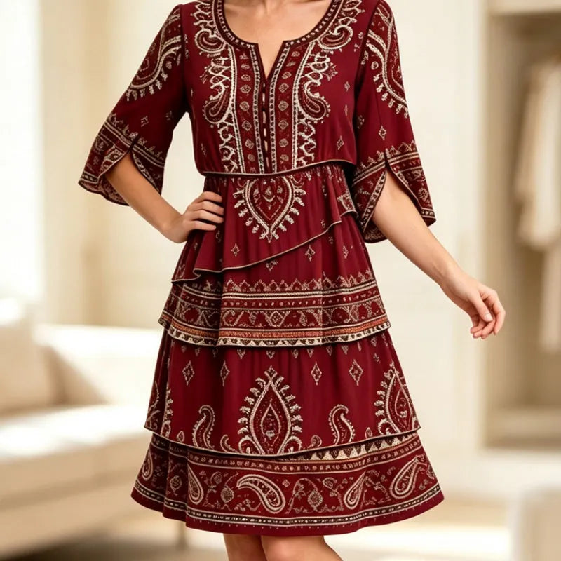 Vestido bohemio mujer con volantes y estampado étnico