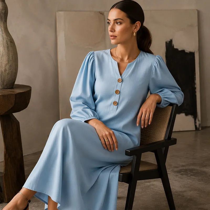 Vestido maxi mujer con escote en V y mangas abullonadas