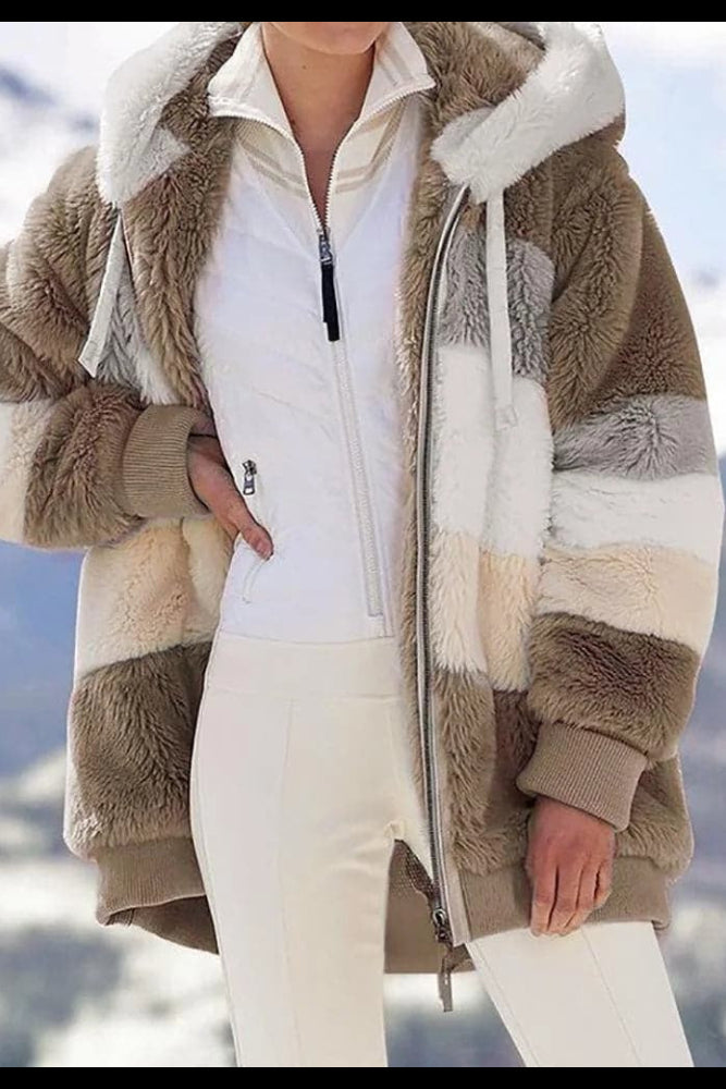 Chaqueta cálida mujer con capucha y bloques de color