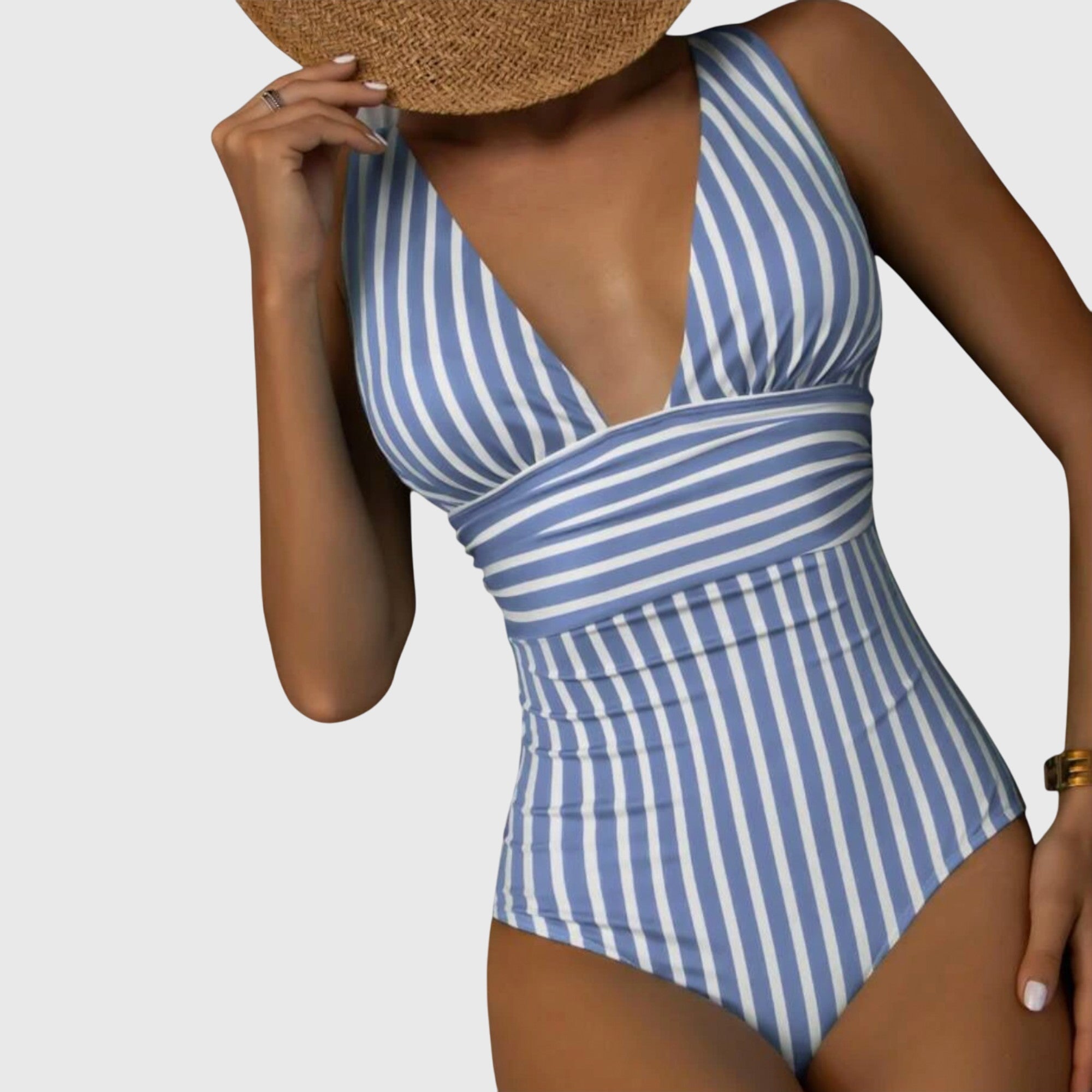 Bañador mujer una pieza rayas escote V profundo moldeador cintura elegante playa