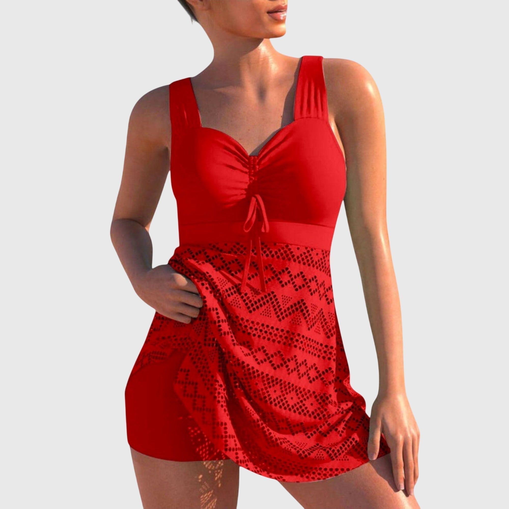 Tankini mujer top fruncido cordón falda calada encaje liso playa verano elegante