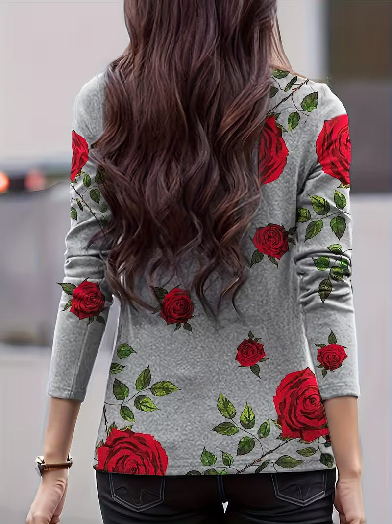 Blusa de mujer con estampado floral, cuello alto y mangas tres cuartos