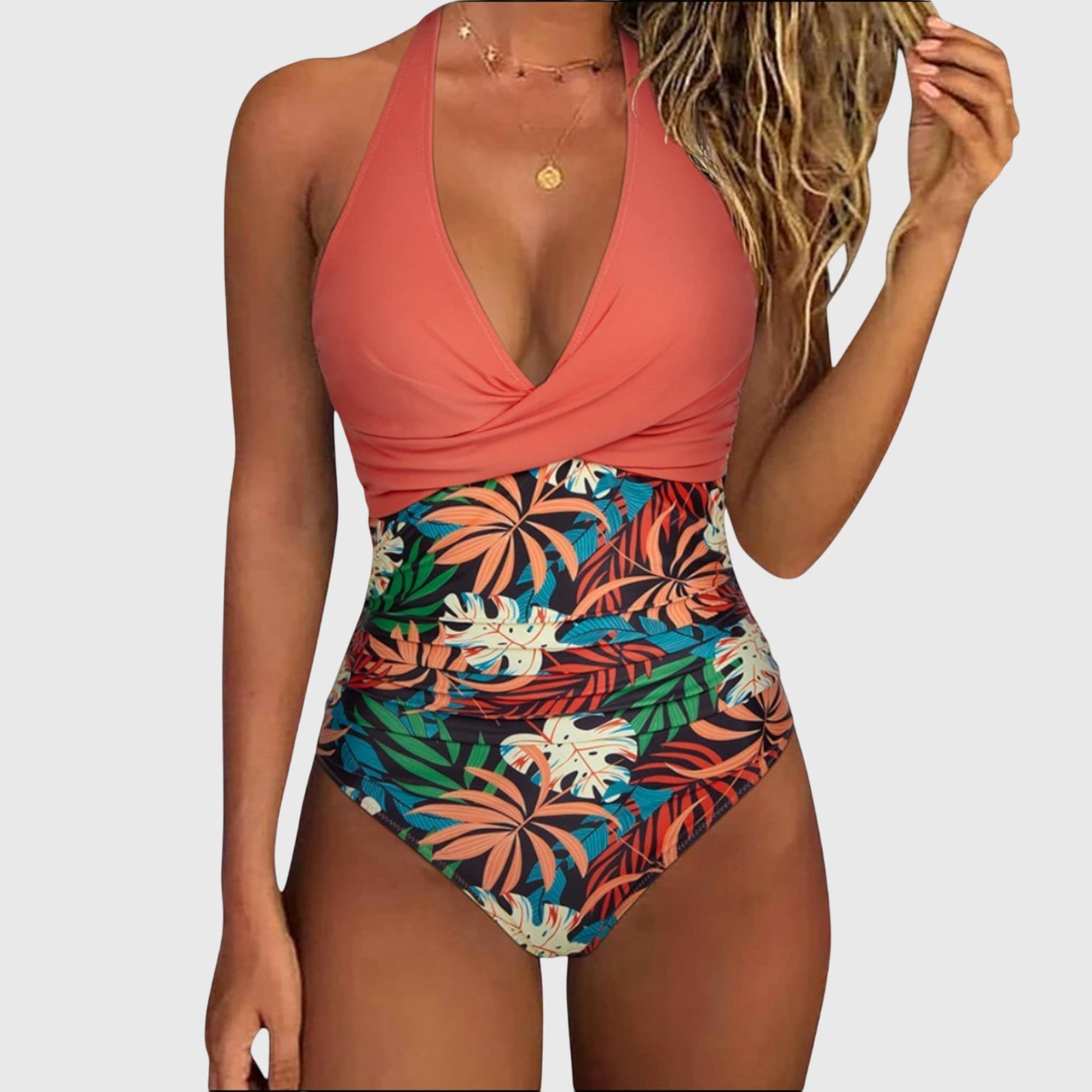 Bañador mujer una pieza halter escote V floral fruncido moldeador playa