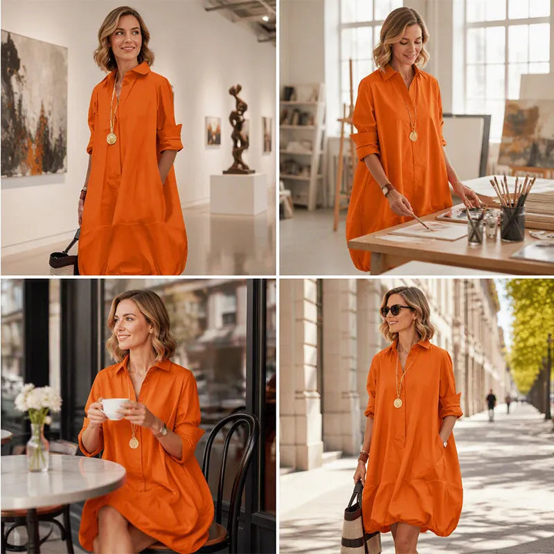 Vestido camisero amplio para mujer con cuello clásico