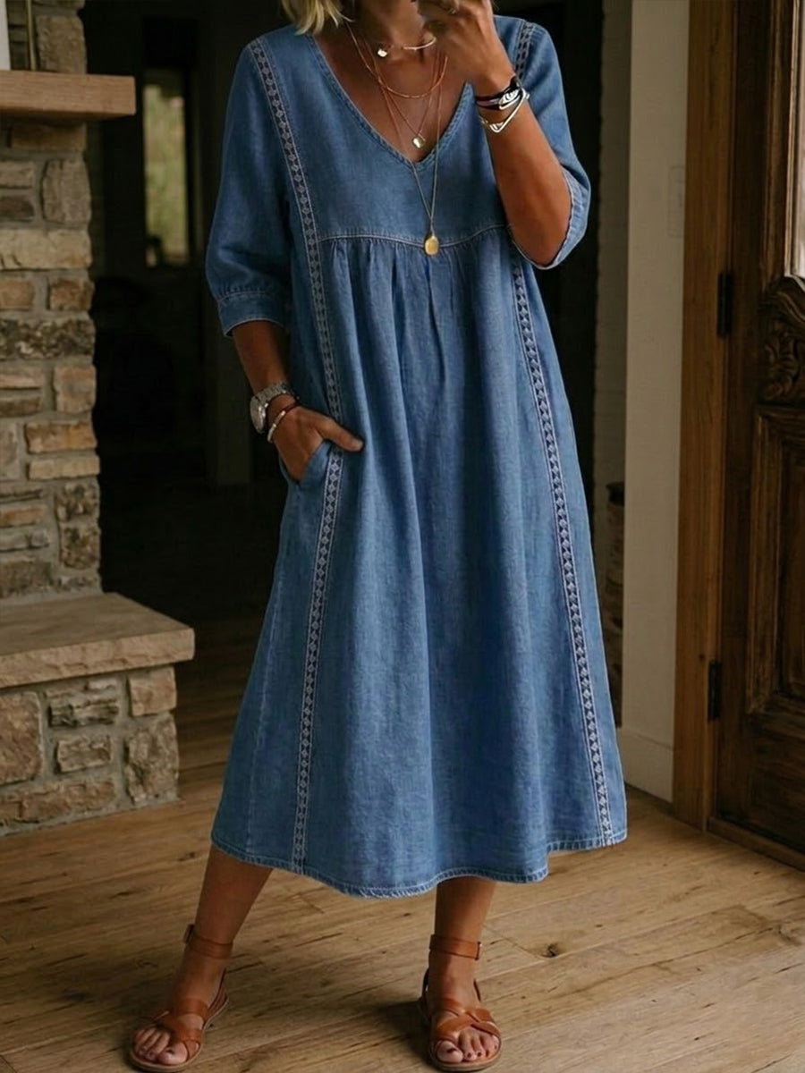 Vestido mujer denim fluido cuello V – vestido casual elegante encaje