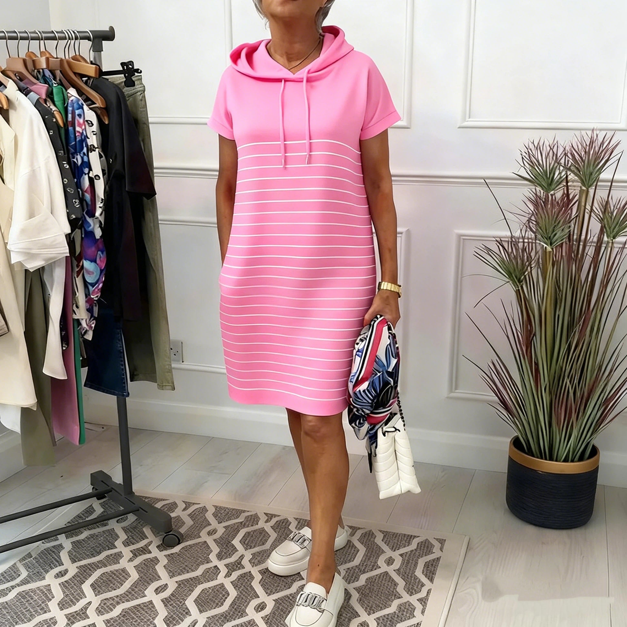 Vestido Casual Mujer con Capucha – Diseño Rayado Cómodo y Moderno