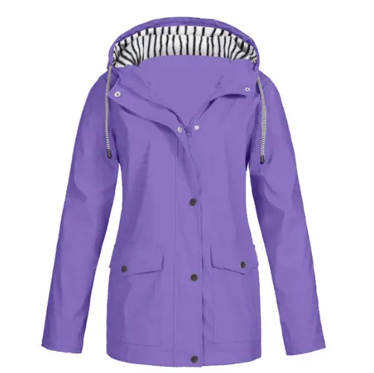 Chaqueta impermeable de mujer con capucha y bolsillos frontales