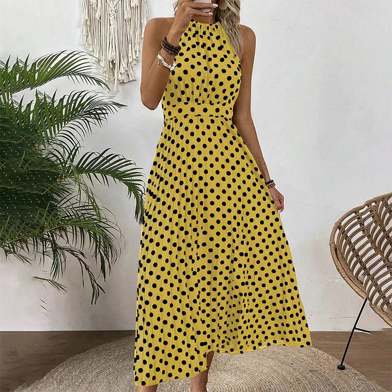 Vestido maxi de mujer con lunares y cuello halter