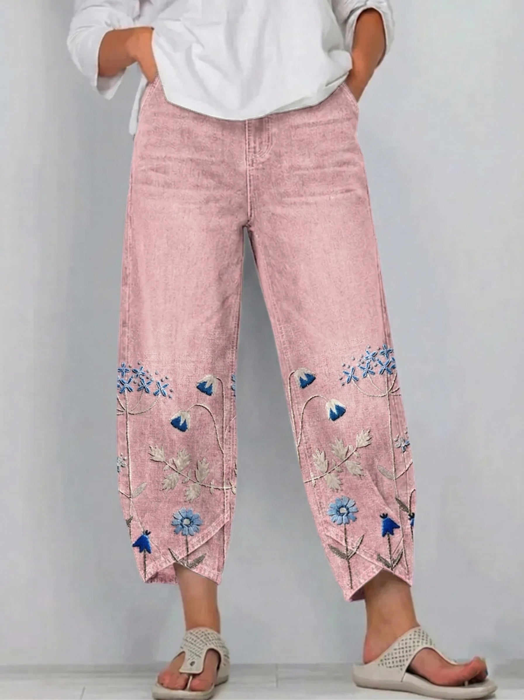 Pantalón mujer denim algodón bordado floral bajo pierna corte recto casual boho