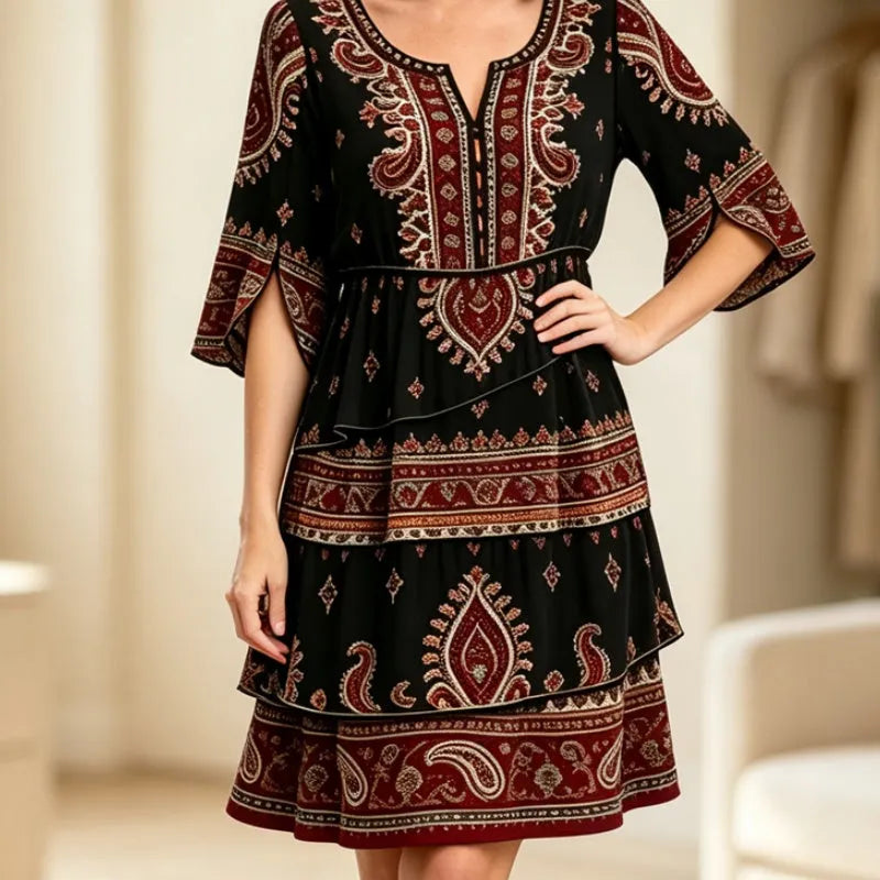 Vestido bohemio mujer con volantes y estampado étnico