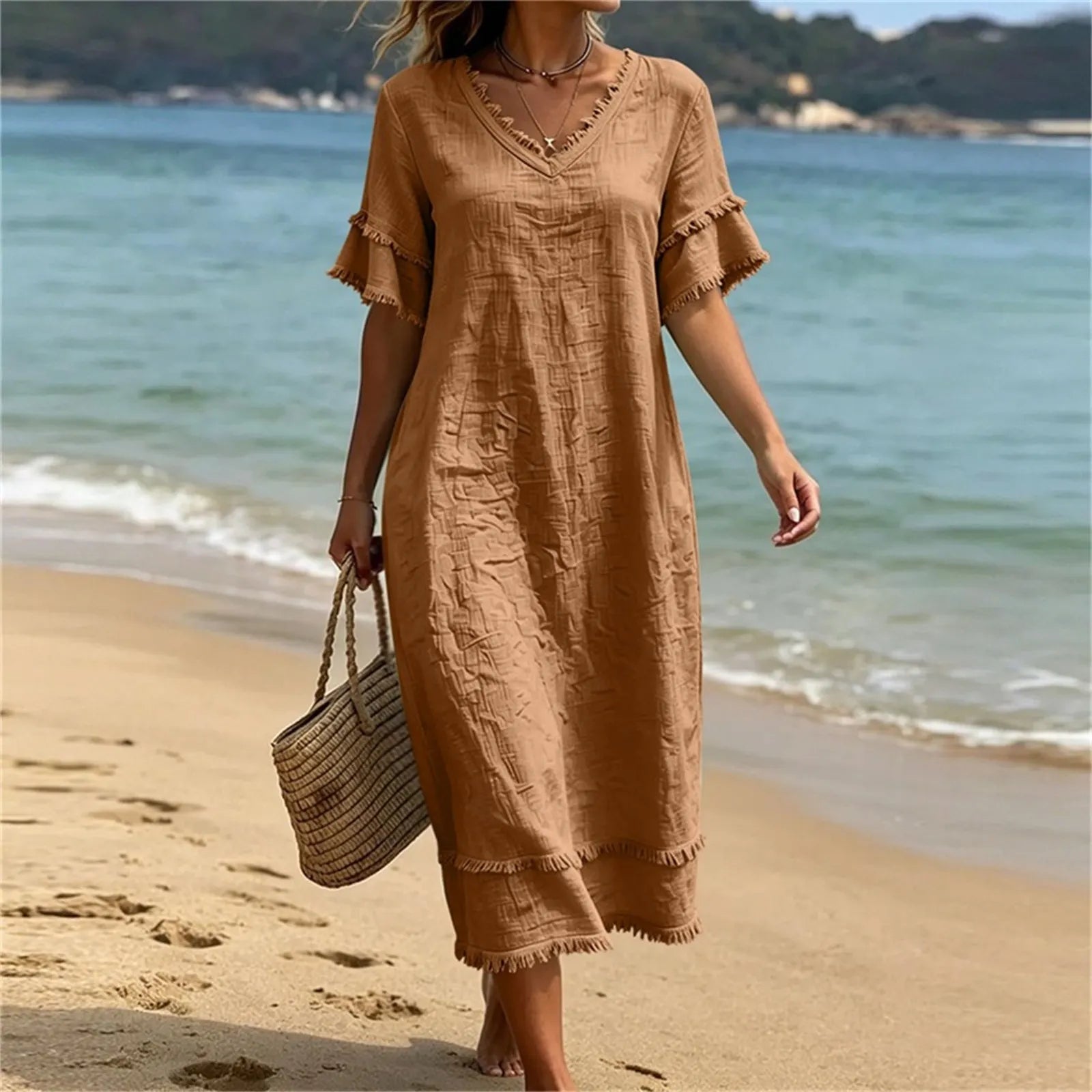 Vestido mujer bohemio con cuello en V y flecos