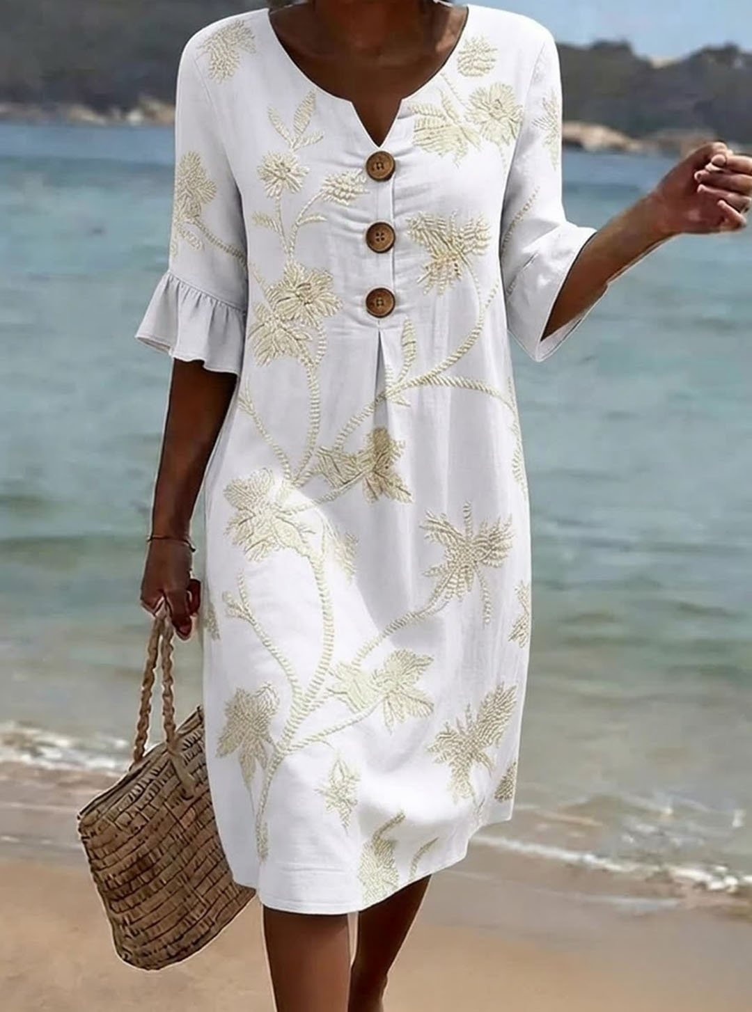 Vestido mujer algodón floral con botones y mangas 3/4