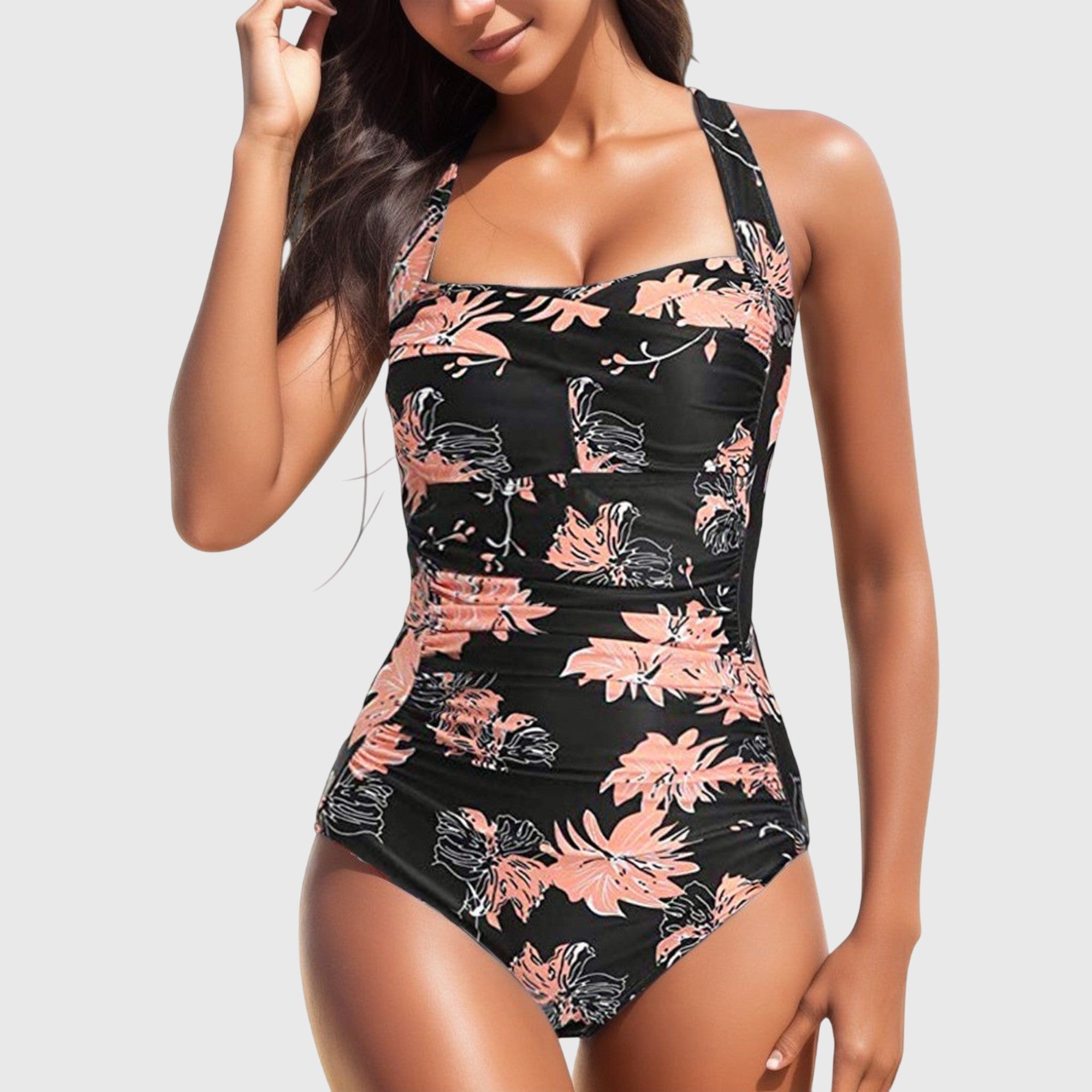 Bañador mujer una pieza estampado tropical fruncido halter moldeador playa