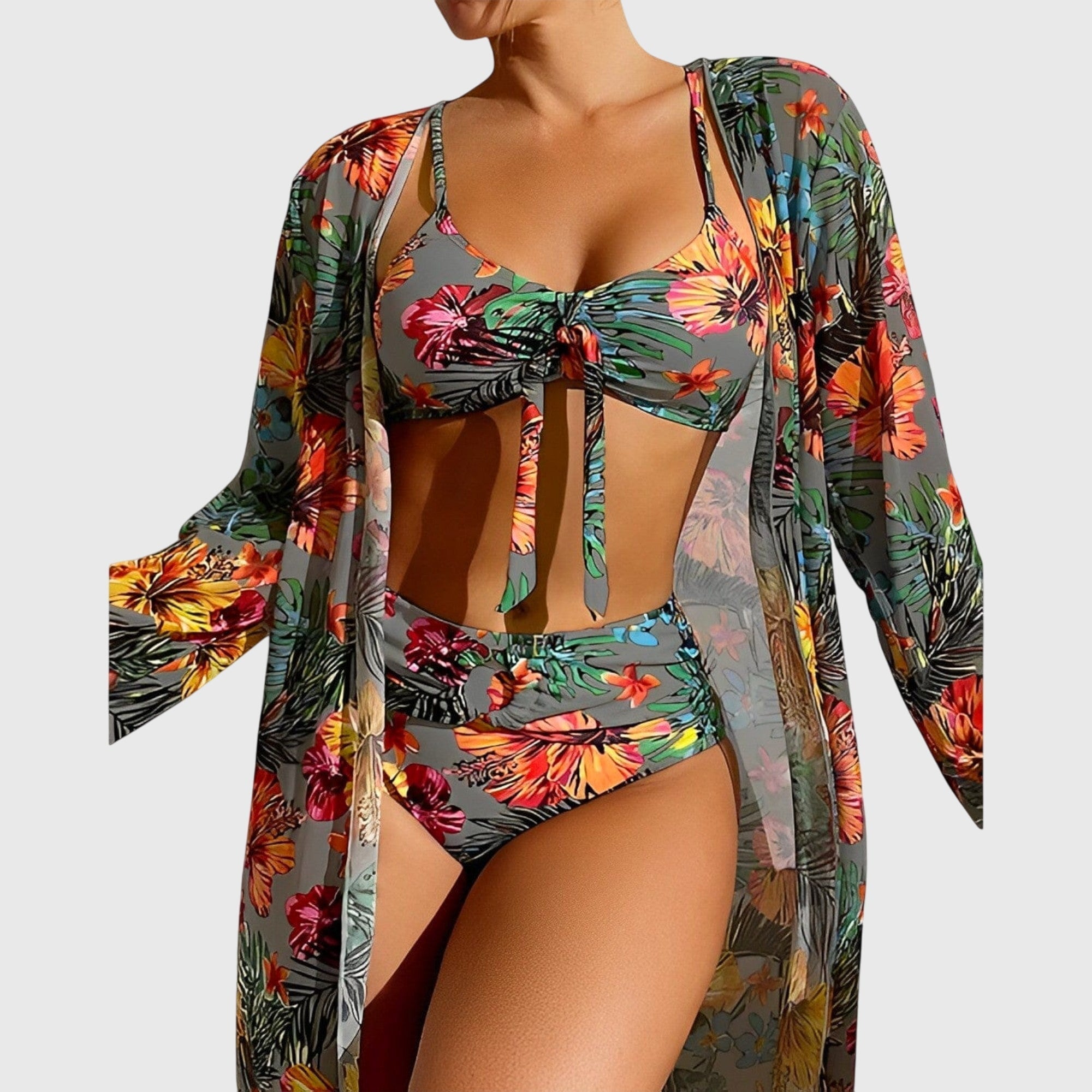Bikini tres piezas mujer tropical top lazo cintura alta kimono playa verano