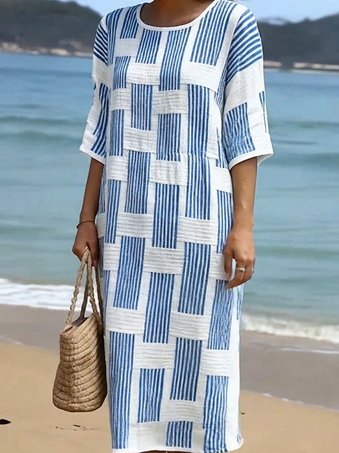 Vestido mujer algodón lino estampado – vestido casual manga media