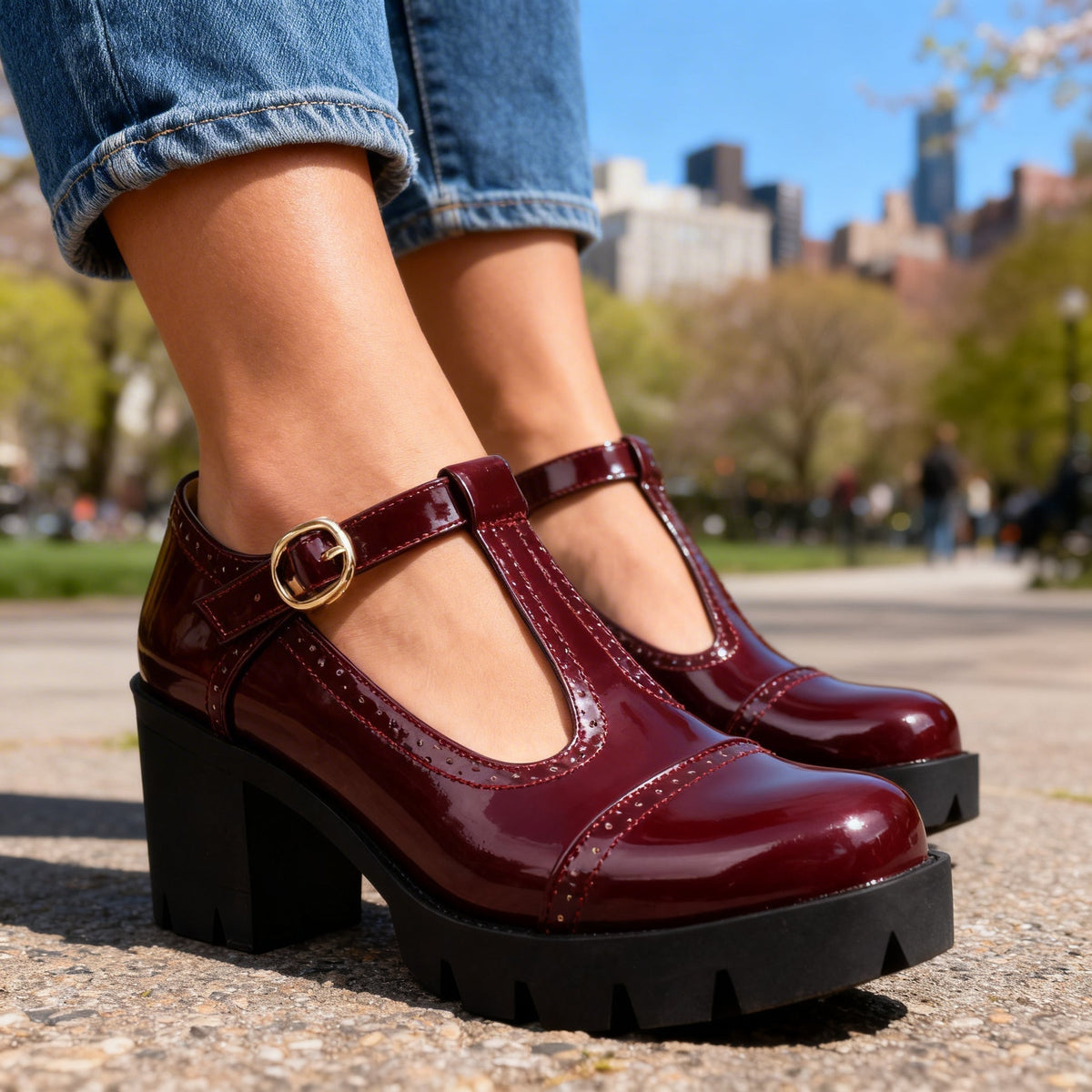 Zapatos brogue para mujer con correa en T y tacón de bloque