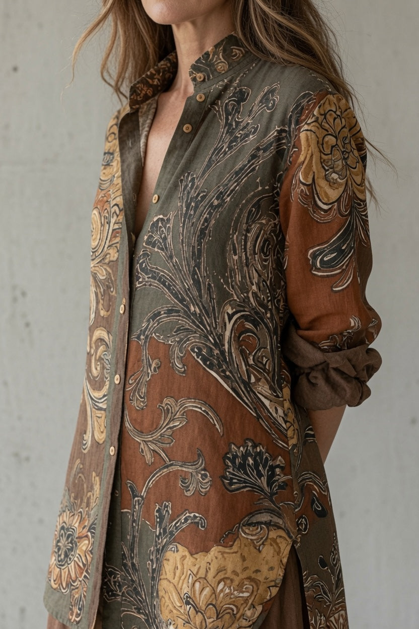 Conjunto vintage mujer con camisa estampada y pantalón fluido