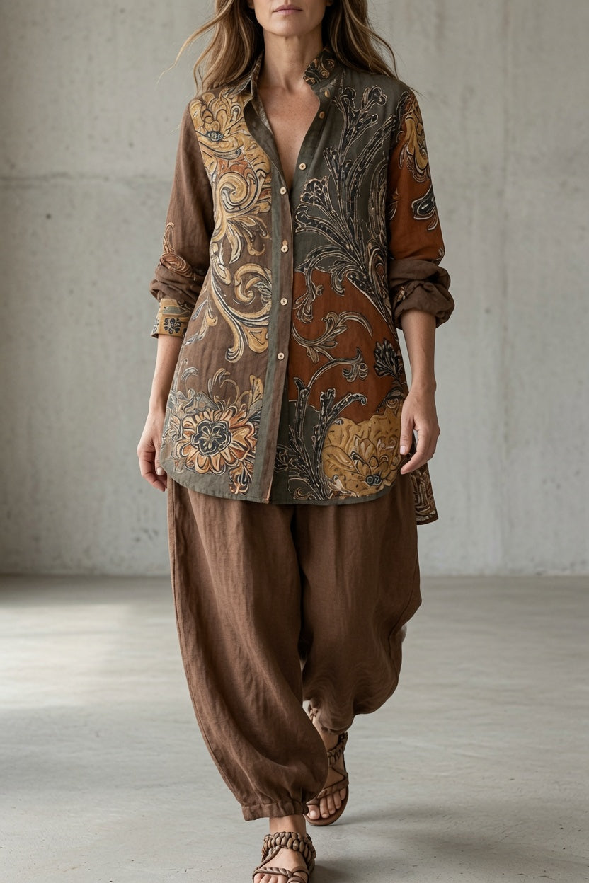 Conjunto vintage mujer con camisa estampada y pantalón fluido