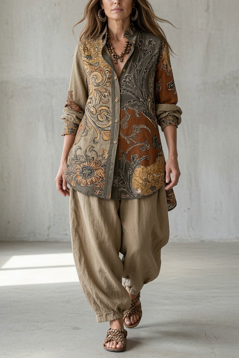 Conjunto vintage mujer con camisa estampada y pantalón fluido
